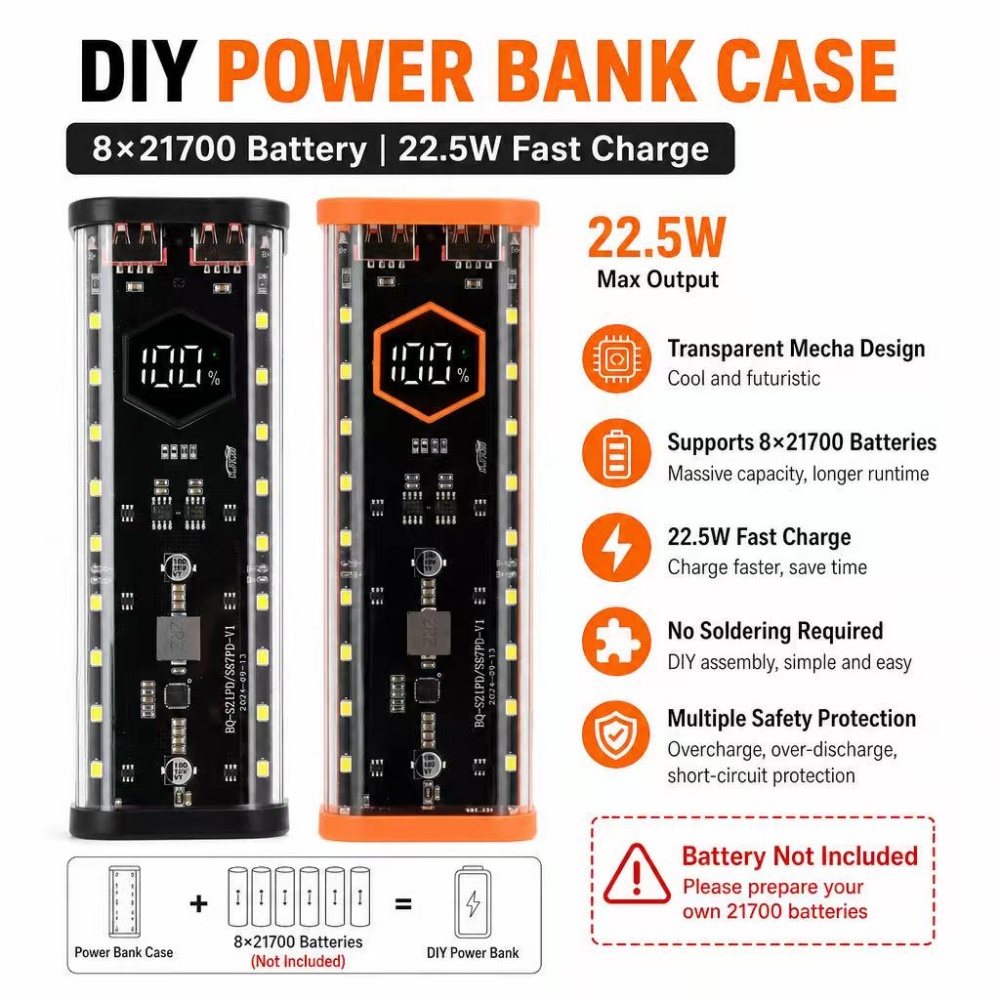 Power Banks - 8*21700 Kotak Baterai, Pengisian Daya Cepat
